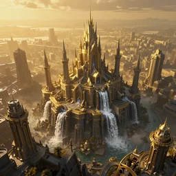 aerial view, golden hour, at the dawn of time, golden lighting, nightmare, in a symbolic and meaningful style, dark fantasy city, waterfall, warhammer style, highly detailed, digital painting, trending on artstation, gradient silver to gold, concept art, sharp focus, illustration, octane render, high detailed, high saturation