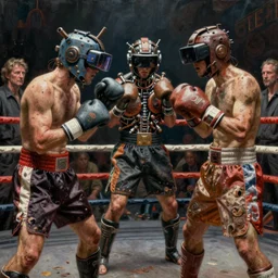 junky men's boxing in ring, cybertronic gadgets and vr helmet, durty colours, rotten textures, rusty shapes, biotechnology, bao pnan, tim hildebrandt, wayne barlow, bruce pennington, donato giancola, larry elmore, oil on canvas, masterpiece, trending on artstation, featured on pixiv, cinematic composition, hyper - detailed, hd, hdr, 4 k, 8 k