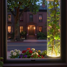 brownstone's residential landscape, like the background of pixar animation, a two - lane road, flowers in a flower bed, a big tree by the side of the road, and a warm and comfortable atmosphere, 4 k imax, lit from below, plant forest in glass tubes, underlight, moody iconic scene, a window frame into space 3 d animation background, 3 5 mm lense