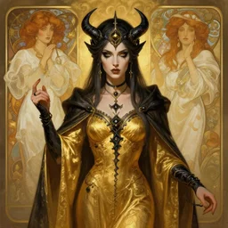 Portrait of a Holy Necromancer, female, golden robes, black accessories, digital painting, illustration, fantasy, by by Krenz Cushart and Artem Demura and alphonse mucha
