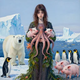 a tall emo girl holding a cephalopod and a piglet in antarctica, starfish, covered in seaweed, polar bear, icebergs, penguins, schools of fish, pigs, acrylic on canvas, surrealist, by magritte and monet