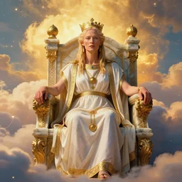 Tilda Swinton dressed as a Roman priestess on an ornate marble throne surrounded by heavenly clouds, beautiful face, beautiful light, light particles, intricate artwork. octane render, trending on artstation, Greg Rutkowski, Fragonard, golden hour, symmetrical, very coherent, cinematic, hyper realism, high detail, vibrant