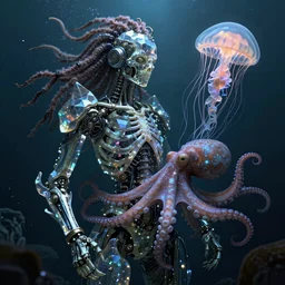 underwater photography of a biopunk crystal human skeleton with dreadlocks in symbiosis with an octopus and a jellyfish, intricate and ornate alien technology, bioluminescence, bloom, dim rim lighting, by victor grasso and scott musgrove, anton h. r. giger and tooth wu, digital illustration, concept art, cg society