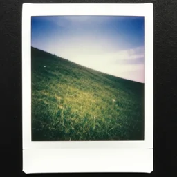 polaroid photo taken from the sky!! of a green empty steep grass hill with no trees, flash photography, strange unnatural lighting, flash photography, uncanny, colored photograph