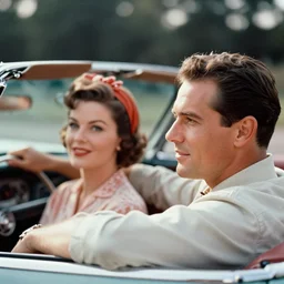 a 35mm photograph of a man and a woman in a convertible in the 1950's, bokeh, Canon 50mm, cinematic lighting, photography, retro, film, Kodachrome, closeup