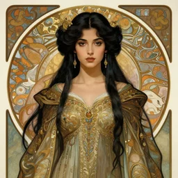centered portrait, Maya Ali as a D&D sorcerer, black hair, intricate robes, Art Nouveau, beautiful retro Fantasy heroine 1985, intricate, elegant, highly detailed, centered, digital painting, trending on artstation, concept art, smooth, sharp focus, illustration, art by Mucha, Ilya Kuvshinov, WLOP