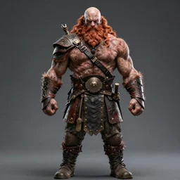 middle aged balding ginger viking with wavy hair, wearing leather armor, very muscular, very pale skin, very hairy, shirtless, very tall, strong, powerful, majestic, imposing, full body picture, 4 k