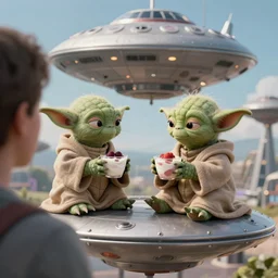 over-the-shoulder shot, hyperdetailed masterpiece concept art of two Yoda talking to each other while drinking yogurt sitting on an UFO, 4k Detailed Matte Illustration trending on ArtStation