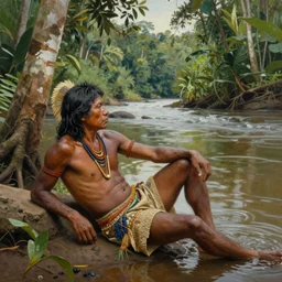 a realistic painting of an indigenous man relaxing near a river in the amazon jungle, gazing at the water, highly detailed, art by christophe vacher