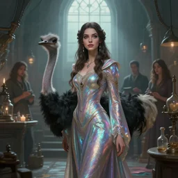 epic professional digital art of ostrich sorceress wearing iridescent robes in apothecary lab with pale light through upper windows, faint ambient light, painted, magical, detailed,, leesha hannigan, wayne haag, reyna rochin, ignacio fernandez rios, best on artstation, cgsociety, wlop, stunning, gorgeous, much wow, cinematic