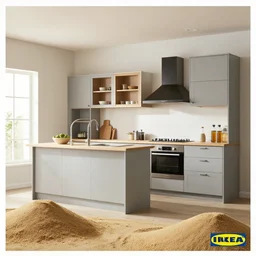 IKEA catalogue photo, high end farm house style kitchen, sand piled in corners, dust, organic, vines, overgrown, tropical, by Beksiński