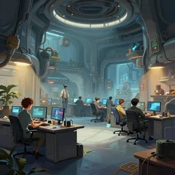 photo environement post futurist office : 4, 4 k rtx hdr volume light concept studio matte painting environement digital illustration style art that looks like it is from borderlands and by feng zhu and loish and laurie greasley, victo ngai, andreas rocha, john harris by jesper ejsing, by rhads, makoto shinkai and lois van baarle