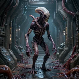 3 d hyperrealistic image of and alien biomechanic slimy wet and creepy spaceship corridor, highly detailed, intricate, sci - fi, sharp focus, trending on artstation hq, deviantart, unreal engine 5, 4 k uhd image