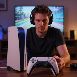 video gamecore, gamecore, gamercore portrait of a man playin playstation on his home at night, cinematic perspective, trending in artstation, behance, deviantart