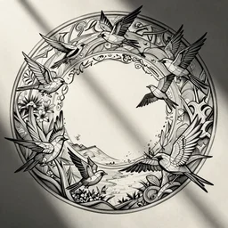 an art nouveau design of low poly birds flying in an oval spiral, ink, line art, calligraphy