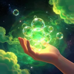 a hand holding a bunch of glass bubbles in a cosmos space full of stars and vibrant clouds, volumetric light, green and yellow colors, digital art, artstation