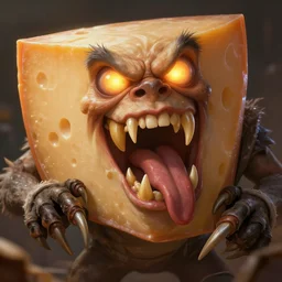 cheddar cheese with long sharp teeth and claws, forked tongue, volumetric lights, intricate, intense detail, digital painting, artstation, concept art, soft focus, cinematic, illustration, ugly face, 4 k