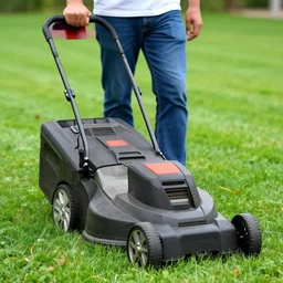 a stock photo of a man mowing his lawn, 4 k, detailed face