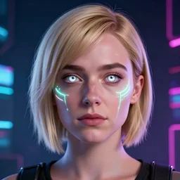 Maisie Williams, neon glowing veins on face, cyberpunk background, straight hairstyle, white eyes, blonde hair, realistic render, short hair, unreal engine render, Icaro Carvalho
