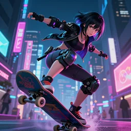 cyberpunk anime girl flip skateboard, sport, neonpunk, alita, arcane, fortiche, action, tokyo street, detail, good face, pose model, concept art, in style of yoji shinkawa, pan ren wei, col price, atey ghailan, by greg rutkowski, aesthetic