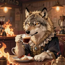 A epic and beautiful rococo wolf drinking coffee, in a burning coffee shop. ultra-detailed. Anime, pixiv, UHD 8K CryEngine, octane render