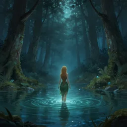 forest nymph rising from the water. view from behind, wide angle view, back view. nuri iyem, james gurney, james jean, greg rutkowski, anato finnstark. trending on artstation, starlight, and enchanted dreams. fantasy rpg concept art