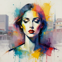 abstract portrait, city in the background, beautiful abstract female shape, rule of thirds, face symmetry, colourful spray paint splatters, expressive, abstract art, by greg rutkowski, by jeremy mann, by francoise nielly, 4 k, 8 k, correct body proportion, cinematic style, shape shadow