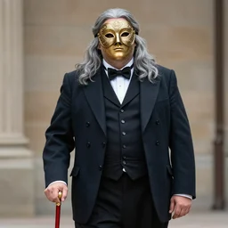 he was a large man in a gentleman's dress, with a beautifully carved mask on his face, some with long grey hair, and carrying a little red book cane in his hand