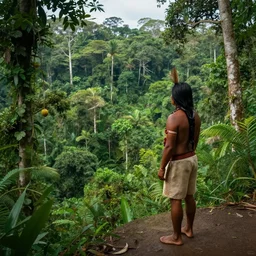 a lone indigenous man overlooking a ledge towards the jungle below in dense amazon | highly detailed | very intricate | cinematic lighting | by asher brown durand and eddie mendoza | featured on artstation