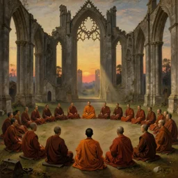 ! dream crowd of monks sitting in circular formation in giant gothic ruins with stunning evening dusk light and god rays, old dutch era master painting by hsiao - ron cheng, miho hirano, john singer sargent