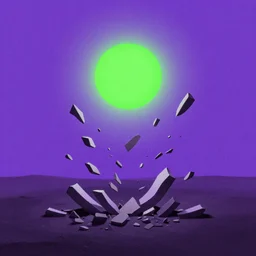 a piece of purple sky with a green sun in the center falls to the ground and breaks into fragments, futurism, schizophrenia, hyperrealistic fall