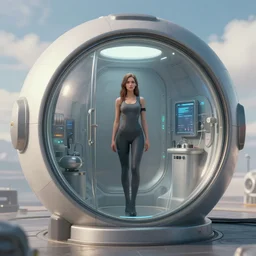 cryogenics chamber concept with woman inside. maya, 3 ds max, photoshop, vray, sky - fi, concept art, matte painting, unreal engine