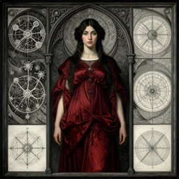Symmetric Pre-Raphaelite painting of a beautiful mystic woman with dark hair in a very detailed silk dark red dress by John William Waterhouse,, surrounded by a dark gothic frame of highly detailed mathematical drawings of neural networks and geometry by Doré ,  highly detailed mathematical drawings of geometry