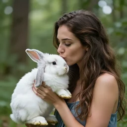 a beautiful woman kissing a fuzzy bunny rabbit in a forest, bokeh, portrait, photography, 8 5 mm lens, f 1. 8