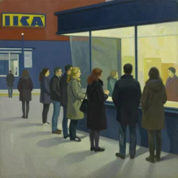 people waiting in line at IKEA, Edward Hopper, oil painting
