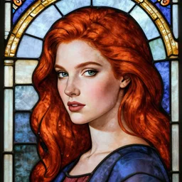 beautiful redhead woman, stained glass art, closeup