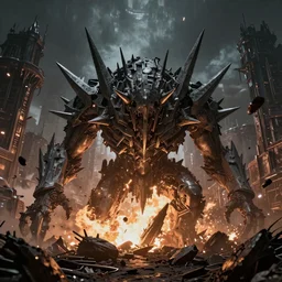 giant thick angular Spikes explode out of the ground in a gothic medieval cyberpunk city, debris flying around, the feeling of grimdark terror and pain, high quality, detailed, 8k, unreal engine, octane render, trending on artstation