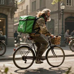 a bearded and long haired bicycle food delivery worker with a green bag on his back in Europe, he has boots, epic fantasy style art by kim jung gi, fantasy epic digital art