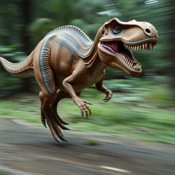 low quality shot of an accurate trex from jurassic park running, blurry shot, low shutter speed