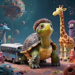 a strange bird turtle giraffe mr bean chimera creature with scales and feathers waiting for the bus with other monsters, on an alien planet, platonic forms, in the style of shaun tan, sam shearon, dr seuss, leng jun, close up, glossy, beautiful, fantastic, wonderful, weird, science fiction, dramatic lighting, fractal background, 3 d sculpture 8 k octane render