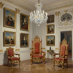 8k highly detailed oil matte painting by Charles Landelle of an art gallery wall with many oil paintings, decadent throne room, ornate furniture, ornate French architecture, futuristic chandeliers