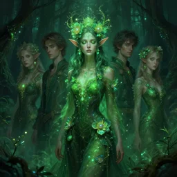 dark forest green! fae ; by james jean, charlie bowater, tom bagshaw, nikolay makovsky, melanie delon : : enchanting, ethereal, magical, glowing, sparkle, iridescent, flowerpunk, portrait, character design, illustration, hyperrealism, photorealism, digital art, concept art, dark fantasy, weta, wlop, artstation