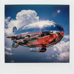 analog polaroid portrait of a chrome blimp , Hajime Sorayama, sheen, red reflections, unreal engine, azure sky, big clouds visible, sunlight, reflection, sparkles, space, stars, nebula, lensflare, film grain, depth of field, color bleed