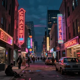 desolate iridescent american city with neon signs & homeless people in caravaggio style