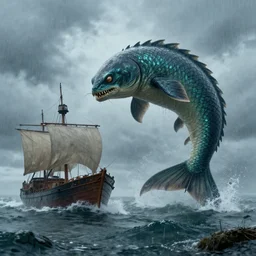 the mythological kelpie attacking trade ships, with a fish tail, 4 k uhd, monster, rainy, maritime