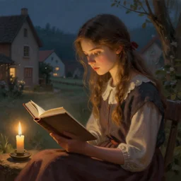 village girl reading a book, candle light, highly detailed, digital painting, artstation, concept art, art by artgerm and Johfra Bosschart