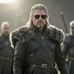 laurence fishburne in game of thrones as bronn with sunglasses movie still, cinematic lighting, ray tracing, octane render, long lens, shallow depth of field, bokeh, anamorphic lens flare, 8 k, hyper detailed, 3 5 mm film grain