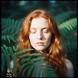 An analog head and shoulder frontal face portrait photography of a redhead woman behind multiple fern leaves. Long hair. eyes closed. Agfa Vista 800 film. Sunshine. detailed. hq. realistic. Rembrandt light style. warm light. muted colors. lens flare. photoreal. Bloom and glare. Leica M8.