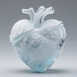 a very beautiful human heart shaped glass sculpture made of icy snowy frosted glass with light blue white tint. studio lighting, high resolution, high quality