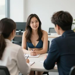 a woman in a bikini interviewing a person, office, job interview